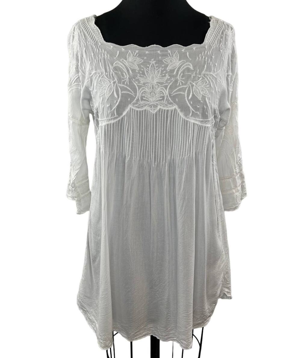 ARITZIA WILFRED White Modal Embroidered Square Neck 3/4 Sleeve Tunic Top Size XS